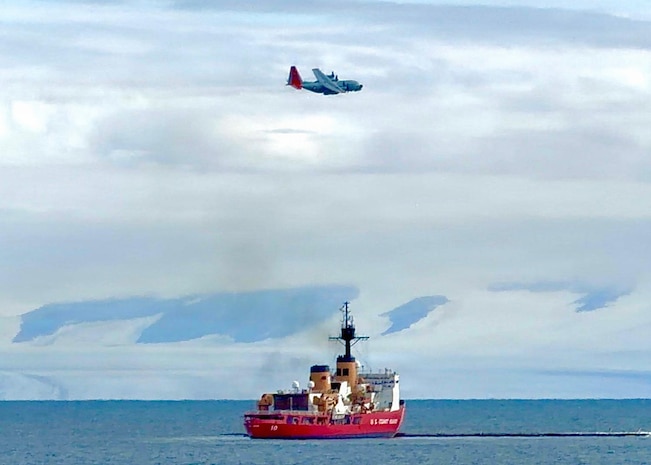 Joint Task Force–Support Forces Antarctica supports Operation Deep Freeze, the U.S. military’s logistical support to the U.S. AnAn LC-130H Hercules assigned to the 109th Airlift Wing, New York Air National Guard, flies over the U.S. Coast Guard Cutter Polar Star at McMurdo Station, Antarctica, Feb. 3, 2026.