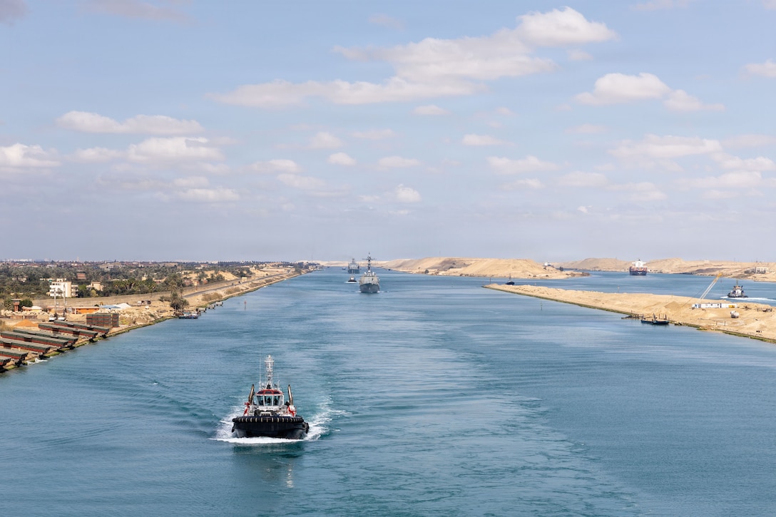 Arleigh Burke-class guided-missile destroyer USS Bainbridge (DDG 96) transits the Suez Canal, March 5, 2026. (U.S. Navy photo)