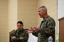 The 39th Commandant of the Marine Corps, Gen. Eric M. Smith, speaks with The Basic School (TBS) Echo Company students at Marine Corps Base Quantico, Virginia, Feb. 23, 2026. The Commandant and Sergeant Major of the Marine Corps visit TBS toward the end of each cycle of a company to speak with the instructors and spark discussion with the students, giving them advice as the junior officers continue on their journey into the fleet Marine force and answer any career questions they have on their future in the Marine Corps. (U.S. Marine Corps photo by Lance Cpl. Juaquin Greaves)