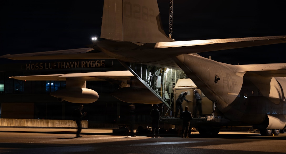 U.S. Marines with Marine Aerial Refueler Transport Squadron (VMGR) 252, Marine Aircraft Group 14, 2nd Marine Aircraft Wing, offload cargo at Rygge Air Base, Norway, March 3, 2026. The VMGR-252 Marines offloaded cargo and supplies from a KC-130J Super Hercules aircraft in preparation for exercise Cold Response 26. A key component of NATO's enhanced vigilance activity Arctic Sentry, exercise Cold Response 26 is a Norwegian-led winter military exercise designed to enhance collective defense capabilities and ensure U.S. readiness to rapidly deploy and seamlessly operate alongside NATO Allies in challenging arctic conditions. (U.S. Marine Corps photo by Cpl. Mya Seymour)