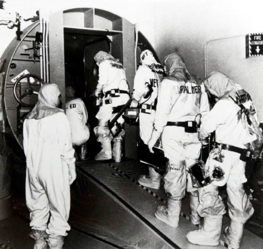 Art Palmer and other radiation safety professionals enter Three Mile Island Unit 2 Reactor Building in December 1980 to conduct radiation-level readings following the reactor's partial meltdown. Palmer, now a health physicist with USACE Baltimore District, Radiological Health Physics Regional Center of Expertise, has served 52 years in radiation protection. (Courtesy Photo)