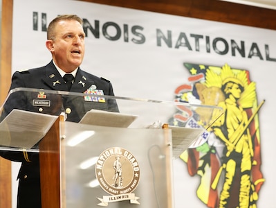 Lt. Col. Justin Wilkerson of the Illinois Army National Guard delivers remarks during his retirement ceremony.