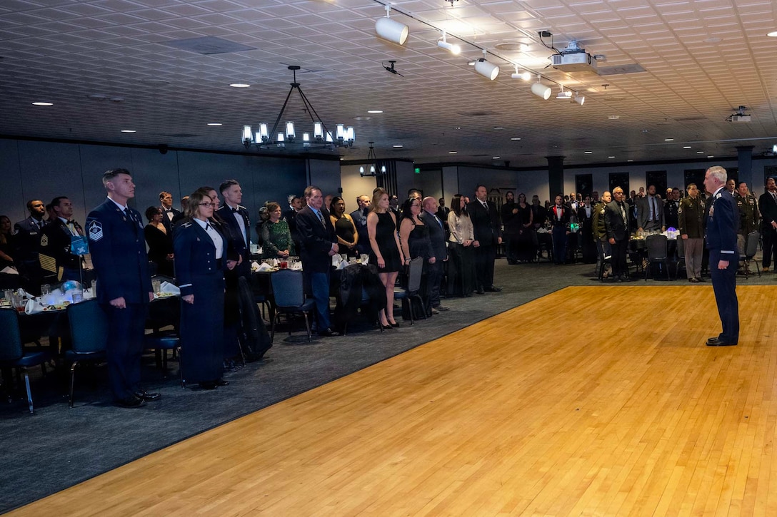 Gen. Stephen Whiting, commander, U.S. Space Command, orders the presentation of the colors to officially begin USSPACECOM’s Galactic Gala at the Hub in Colorado Springs, Colorado, February 19, 2026. The theme of the gala was “250 Years of Trailblazing” and featured the 2025 USSPACECOM Apollo Awards. USSPACECOM, working with Allies and Partners, plans, executes, and integrates military spacepower into multi-domain global operations in order to deter aggression, defend national interests, and when necessary, defeat threats. (USSPACECOM photo by Mass Communication Specialist 1st Class Shannon Burns)