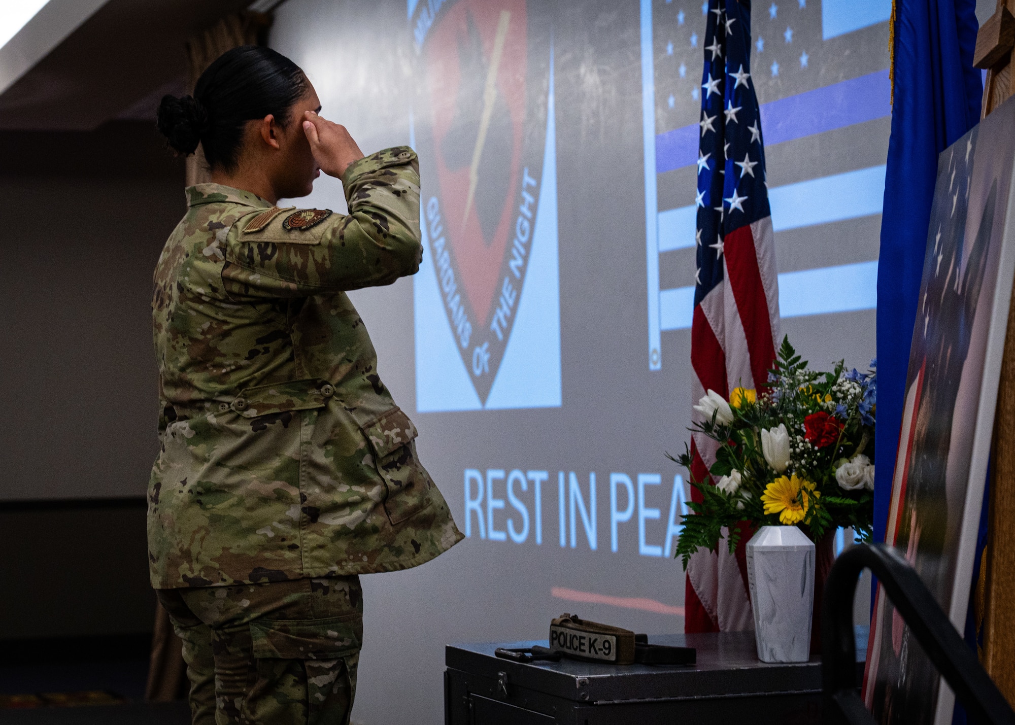 A photo of a woman saluting a picture of a military working dog.