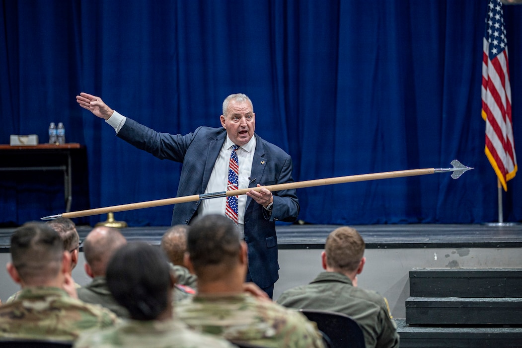 Retired U.S. Air Force Col. Raymond Strasburger delivers a keynote speech during Saluting Our Aviation Roots (SOAR) Week at Moody Air Force Base, Georgia, Feb. 26, 2026. He shared lessons from his aviation career, emphasizing resilience, accountability and the warrior ethos that define Air Force service. (U.S. Air Force photo by Senior Airman Leonid Soubbotine)