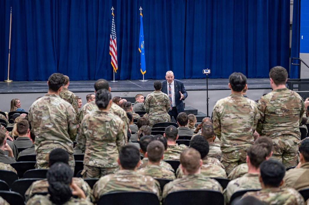 Retired U.S. Air Force Col. Raymond Strasburger addresses 23d Wing Airmen during Saluting Our Aviation Roots (SOAR) Week at Moody Air Force Base, Georgia, Feb. 26, 2026. His remarks highlighted the importance of honoring Air Force heritage while preparing for future challenges. (U.S. Air Force photo by Senior Airman Leonid Soubbotine)