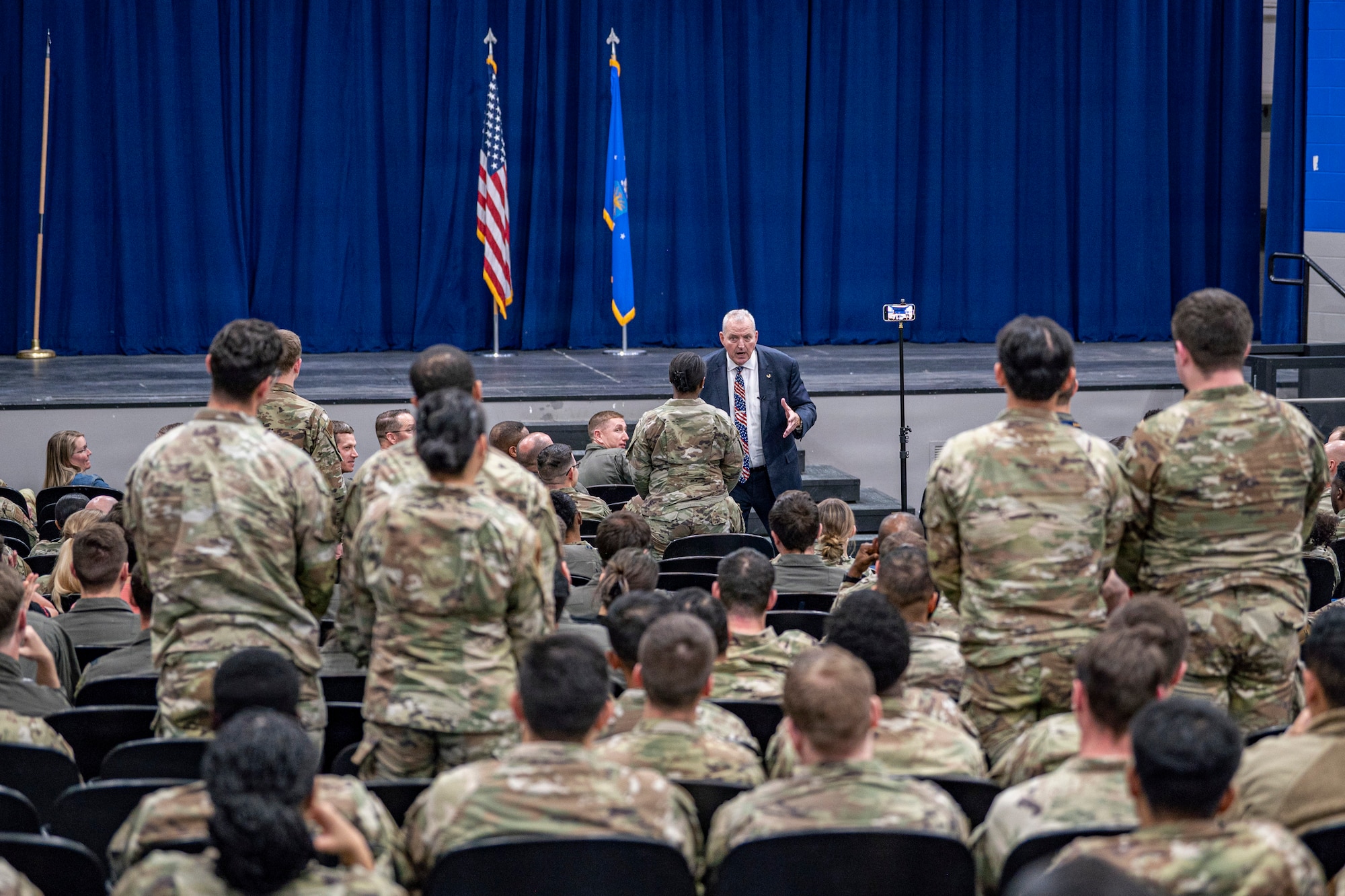 Retired U.S. Air Force Col. Raymond Strasburger addresses 23d Wing Airmen during Saluting Our Aviation Roots (SOAR) Week at Moody Air Force Base, Georgia, Feb. 26, 2026. His remarks highlighted the importance of honoring Air Force heritage while preparing for future challenges. (U.S. Air Force photo by Senior Airman Leonid Soubbotine)