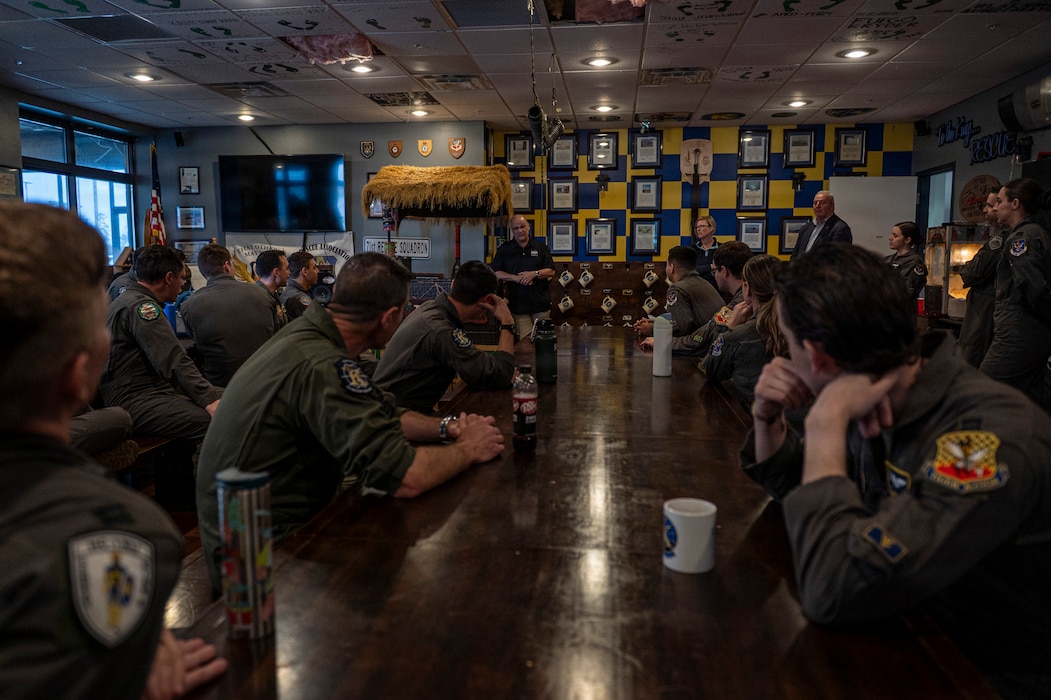 Retired U.S. Air Force Col. Steve Colby delivers a speech to Airmen assigned to the 71st Rescue Squadron during Saluting Our Aviation Roots (SOAR) Week at Moody Air Force Base, Georgia, Feb. 27, 2026. He shared stories from his time at Moody, highlighting leadership lessons and the evolution of rescue operations. (U.S. Air Force photo by Senior Airman Leonid Soubbotine)