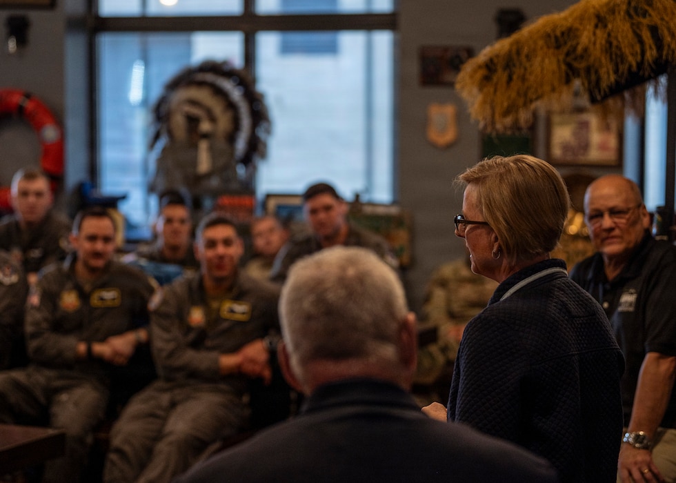 Retired U.S. Air Force Chief Master Sgt. Bridgett Manning delivers a speech to Airmen assigned to the 71st Rescue Squadron during Saluting Our Aviation Roots (SOAR) Week at Moody Air Force Base, Georgia, Feb. 27, 2026. Manning shared leadership lessons from her career, emphasizing accountability, resilience and the role of Airmen in mission success. (U.S. Air Force photo by Senior Airman Leonid Soubbotine)