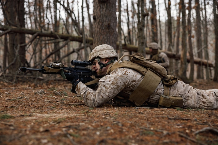 U.S. Marine Corps 2nd Lt. Daniel Lafar, a student with Company F, The Basic School, participates in a platoon attack at Marine Corps Base Quantico, Virginia, Feb. 25, 2026. The purpose of the simulated platoon attacks was to introduce Marines to the fundamentals of Military Operations on Urban Terrain training, evaluate their leadership in high-stress environments, and develop them into confident, provisional rifle platoon commanders. (U.S. Marine Corps photo by Cpl. Joshua Barker)