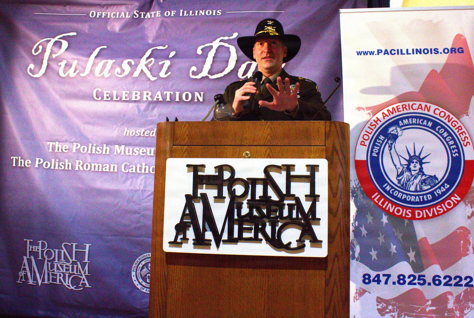 Col. Michael Kowalski, Commander of the 33rd Infantry Brigade Combat Team, Illinois Army National Guard, speaks about Casimir Pulaski at the Polish Museum of America in Chicago.