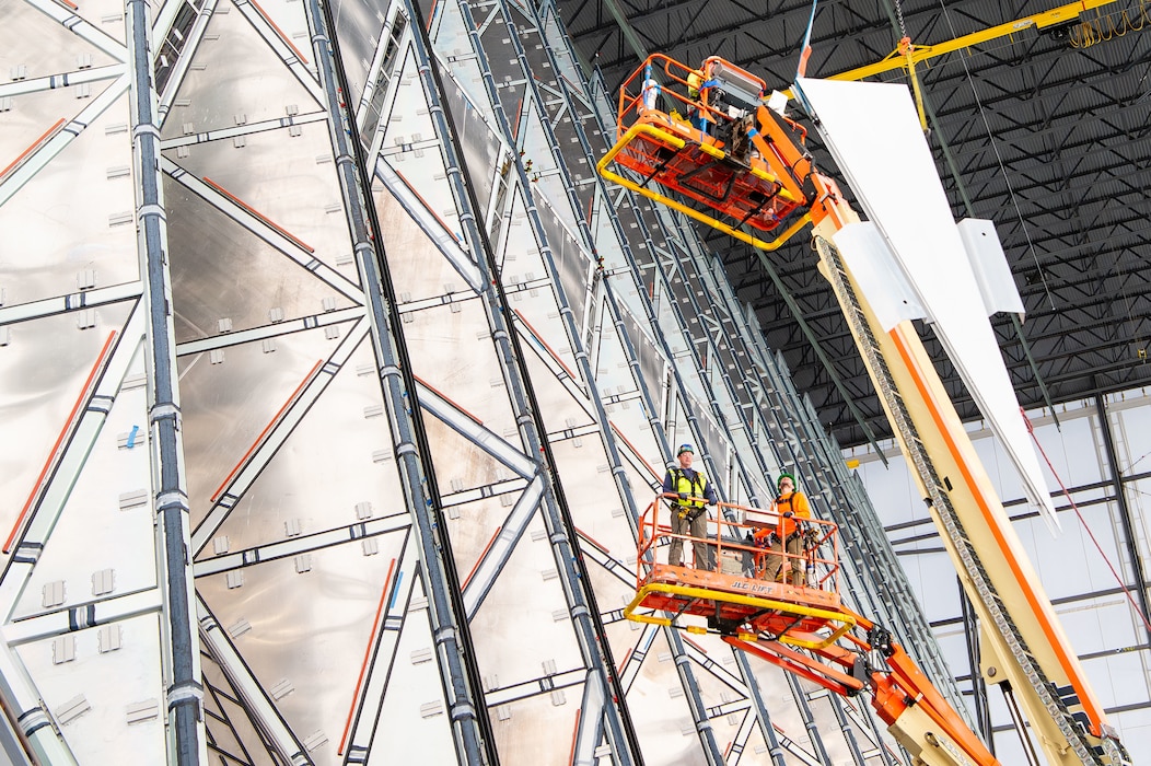 U.S. AIR FORCE ACADEMY, Colo. -- Restoration crews install new aluminum cladding panels on the 17 spires of the U.S. Air Force Academy Cadet Chapel as part of an on-going Air Force Installation and Mission Support Center-led restoration project. The Air Force Civil Engineer Center, an AFIMSC primary subordinate unit, is replacing 1,068 custom aluminum panels - each crafted to replicate the original 1962 design and adding 1,628 new weather resistant panels - to restore the Chapel’s structural integrity and iconic exterior for future generations of Cadets and visitors. (U.S. Air Force photo/Dylan Smith)