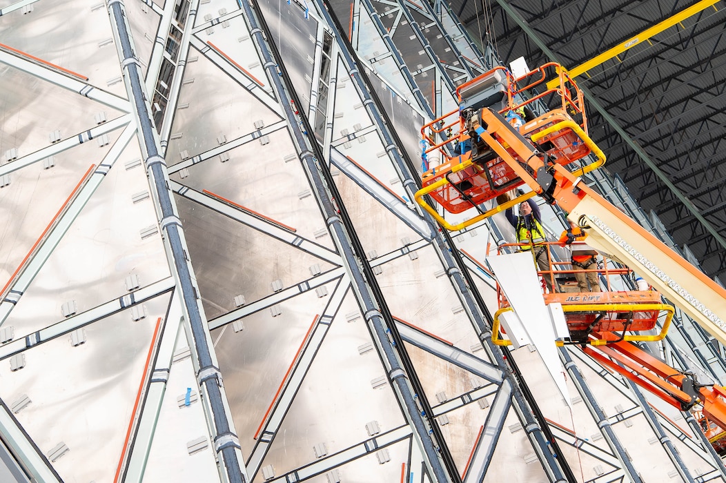 U.S. AIR FORCE ACADEMY, Colo. -- Restoration crews install new aluminum cladding panels on the 17 spires of the U.S. Air Force Academy Cadet Chapel as part of an on-going Air Force Installation and Mission Support Center-led restoration project. The Air Force Civil Engineer Center, an AFIMSC primary subordinate unit, is replacing 1,068 custom aluminum panels - each crafted to replicate the original 1962 design and adding 1,628 new weather resistant panels - to restore the Chapel’s structural integrity and iconic exterior for future generations of Cadets and visitors. (U.S. Air Force photo/Dylan Smith)