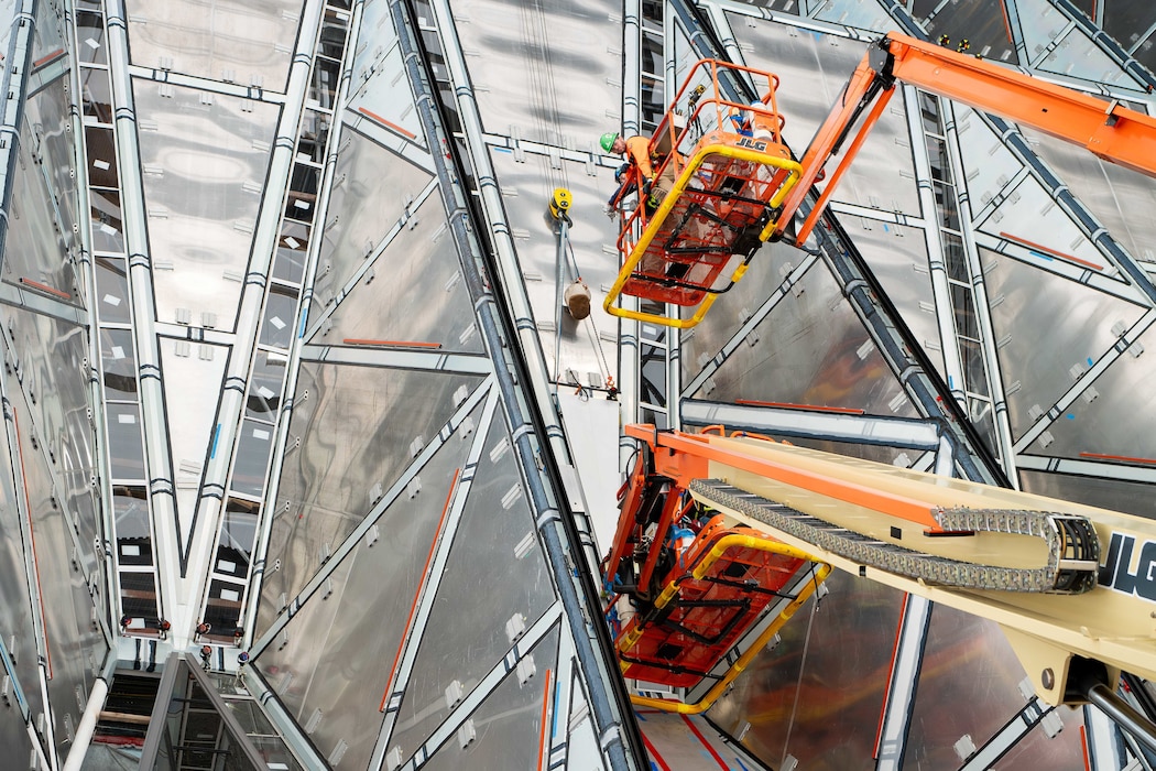 U.S. AIR FORCE ACADEMY, Colo. -- Restoration crews install new aluminum cladding panels on the 17 spires of the U.S. Air Force Academy Cadet Chapel as part of an on-going Air Force Installation and Mission Support Center-led restoration project. The Air Force Civil Engineer Center, an AFIMSC primary subordinate unit, is replacing 1,068 custom aluminum panels - each crafted to replicate the original 1962 design and adding 1,628 new weather resistant panels - to restore the Chapel’s structural integrity and iconic exterior for future generations of Cadets and visitors. (U.S. Air Force photo/Dylan Smith)