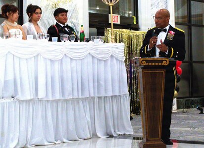 Maj Gen Rodney Boyd, The Adjutant General of Illinois and Commander of the Illinois National Guard, shares his wisdom with the guests at Hubbard High School's 47th JROTC Military Ball.