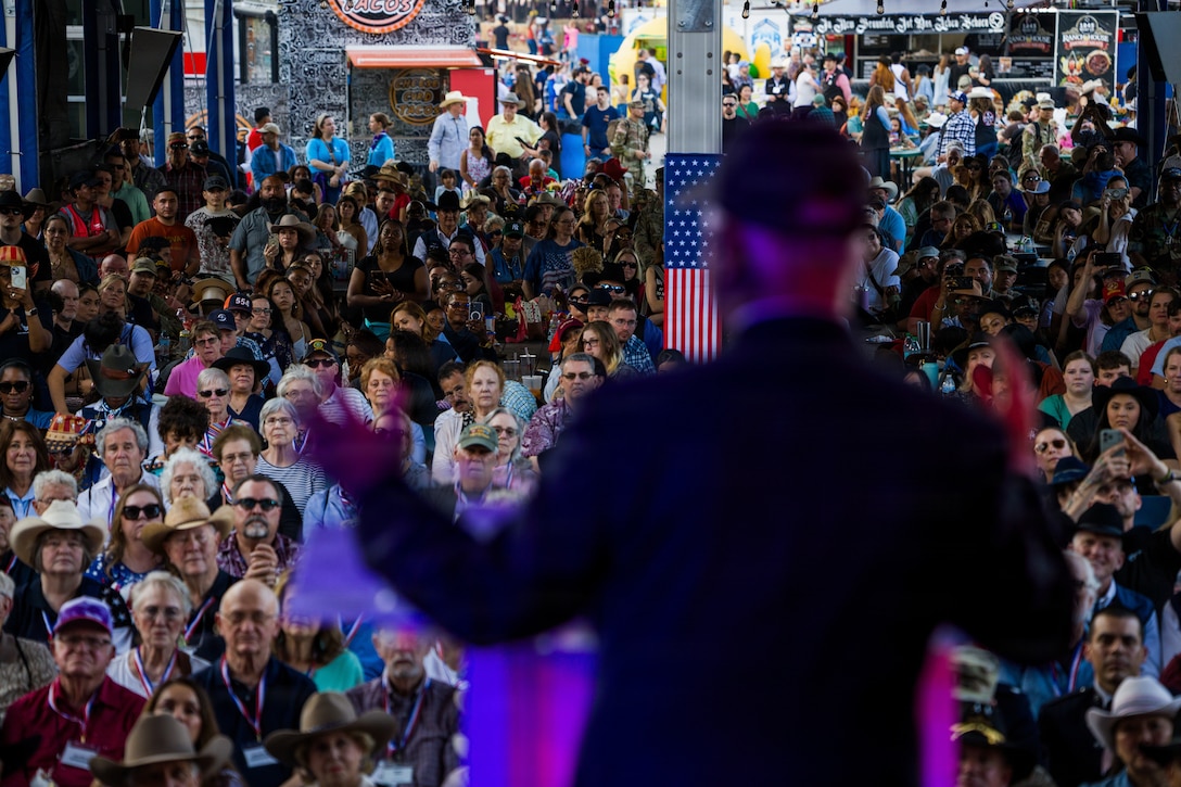 The Honorable Anthony J. Tata, Under Secretary of War for Personnel and Readiness, gives a speech at the Houston Livestock Show and Rodeo Armed Forces Appreciation Day in Houston, March 4, 2026. Armed Forces Appreciation Day honored nearly 4,000 military personnel and veterans, including a joint service enlistment ceremony for approximately 500 recruits. (U.S. Marine Corps photo by SSgt. Ethan M. LeBlanc)