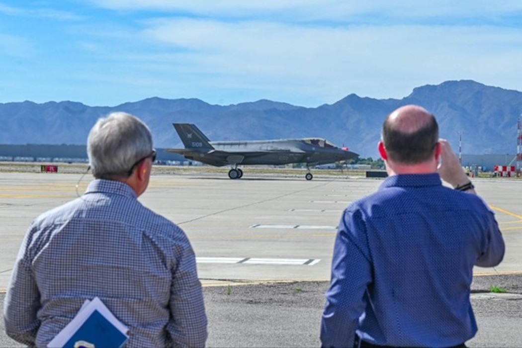 An F-35A Lightning II taxis on the flight line, Feb. 26, 2026, at Luke Air Force Base, Arizona, as Air Education and Training Command civic leaders observe flight operations. Luke, home to the Air Force’s largest F-35 training wing, trains the world’s greatest fighter pilots and combat-ready Airmen while strengthening partnerships with allied nations. During the visit, Airmen showcased how integrated training, human performance programs, and advanced academics develop resilient leaders prepared for the demands of modern warfare.