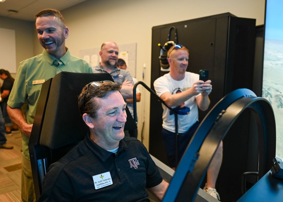 Civic leaders experience the F-35A Lightning II flight simulator during a tour of Luke Air Force Base, Arizona. The tour provided civic leaders from across the United States a firsthand look at how Luke develops the world’s greatest fighter pilots and combat-ready Airmen in support of Air Education and Training Command’s mission and contributes directly to the Air Force’s broader mission to fly, fight, and win in a rapidly evolving global security environment.