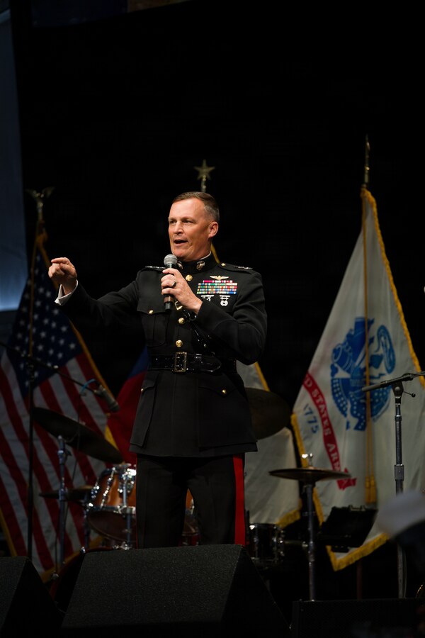 U.S. Marine Corps Lt. Gen. Leonard F. Anderson IV, commander of Marine Forces Reserve and Marine Forces South, gives a speech to active-duty service members and veterans at the Houston Livestock Show and Rodeo Armed Forces Appreciation Day in Houston, March 4, 2026. Armed Forces Appreciation Day honored nearly 4,000 military personnel and veterans, including a joint service enlistment ceremony for approximately 500 recruits. (U.S. Marine Corps photo by SSgt. Ethan M. LeBlanc)
