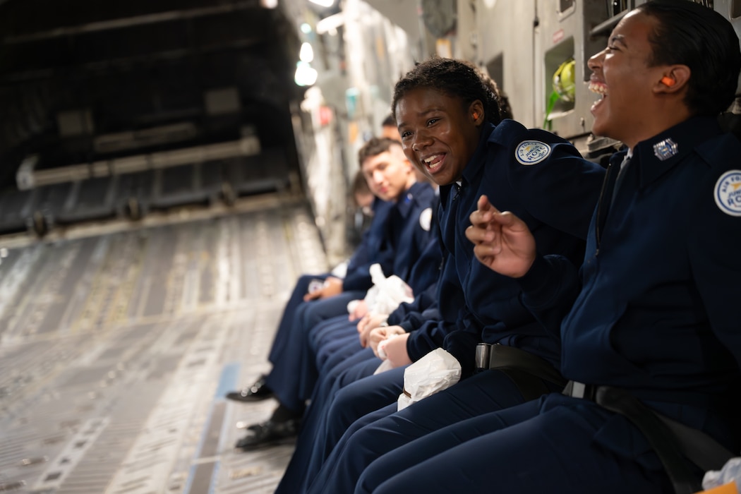 Junior Reserve Officers' Training Corps cadets from Detachment OK-20061 experience a full-stop landing aboard a C-17 Globemaster III aircraft at Altus Air Force Base, Oklahoma, March 3, 2026. The C-17 is designed to operate from relatively short runways while transporting troops and cargo. (U.S. Air Force photo by Airman 1st Class Nathan Langston)
