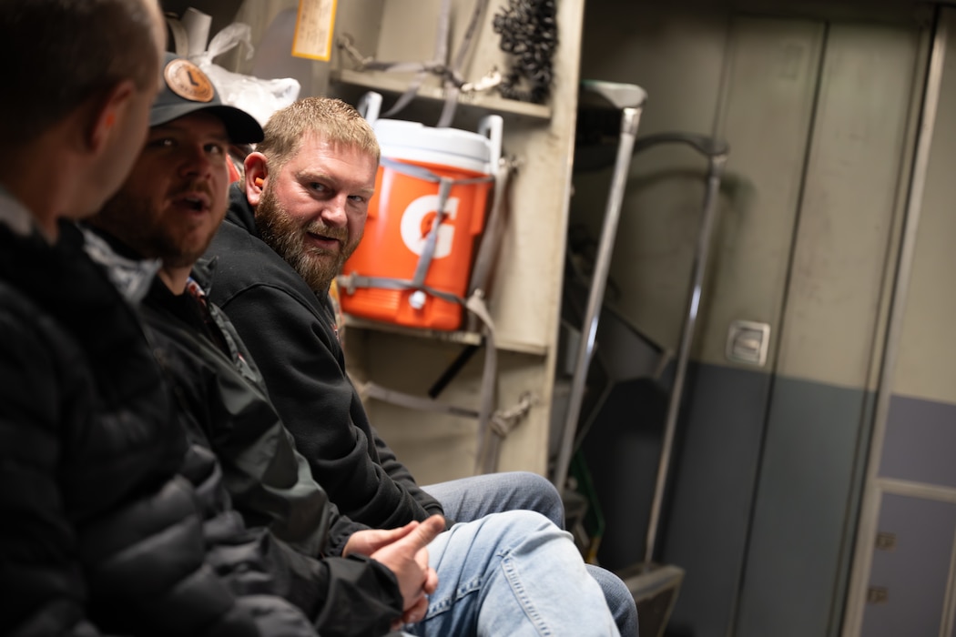 Ryan Granger, Navajo Public Schools superintendent, experiences a full-stop landing aboard a C-17 Globemaster III aircraft at Altus Air Force Base, Oklahoma, March 3, 2026. The C-17 uses thrust reversers and wheel braking to help slow the aircraft quickly after touchdown, supporting operations on shorter runways. (U.S. Air Force photo by Airman 1st Class Nathan Langston)