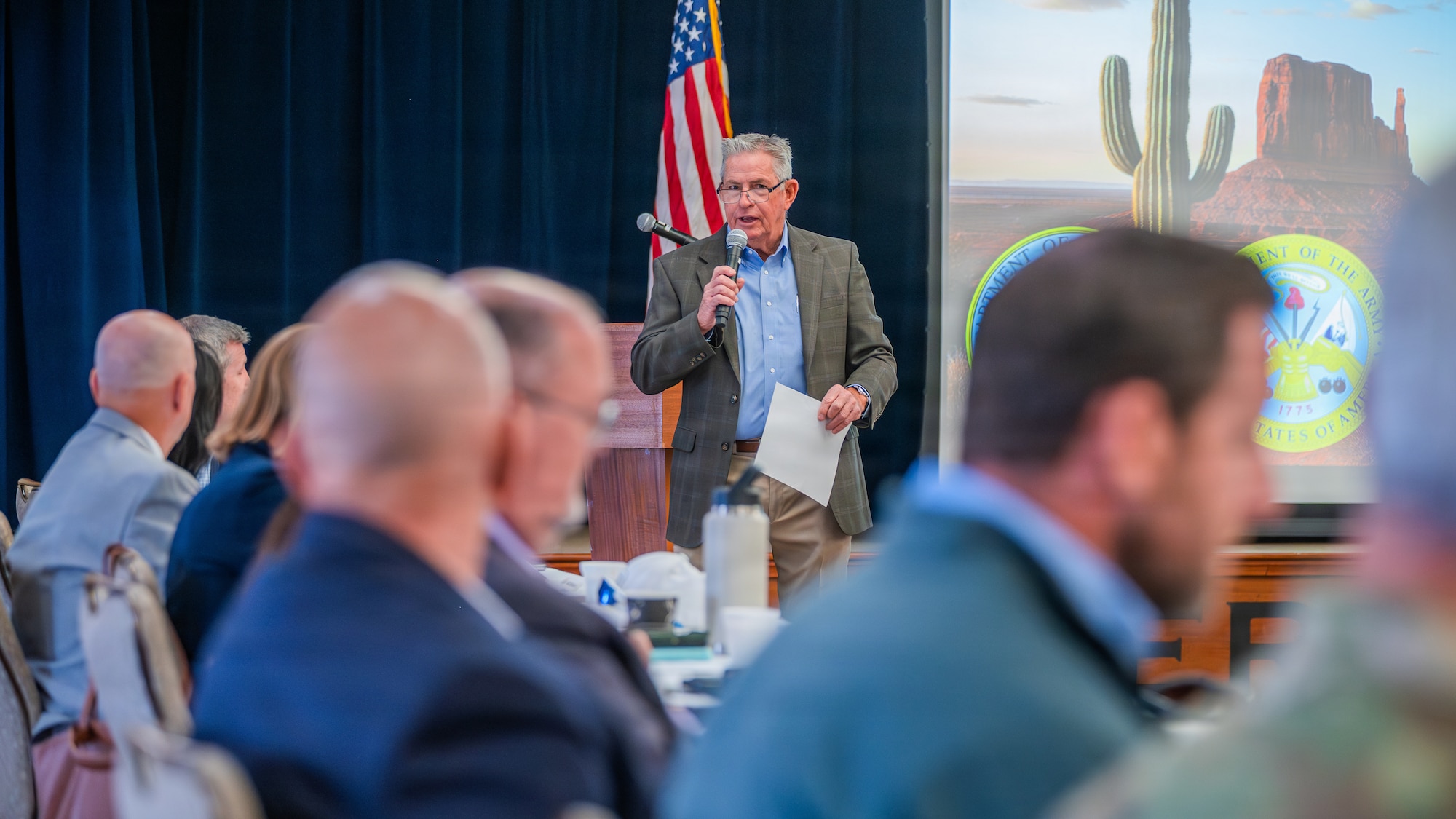 Charles Buchanan, 56th Fighter Wing range management officer, leads local military and community leaders in introductions during an annual Arizona Commanders Summit, March 6, 2026, at Luke Air Force Base, Arizona.
