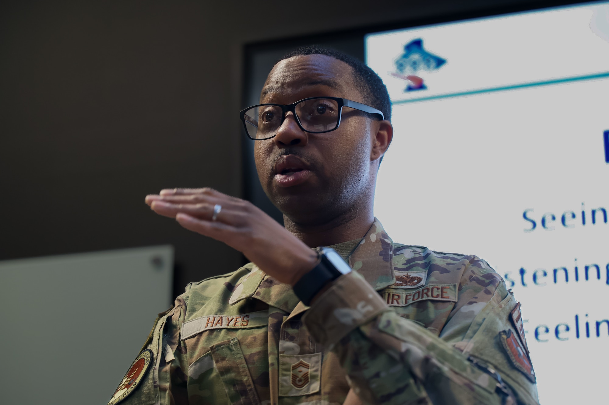 U.S. Air Force Senior Master Sgt. Donovan Hayes, First Sergeant Academy instructor, facilitates a classroom discussion at Gunter Annex, Alabama, March 3, 2026.