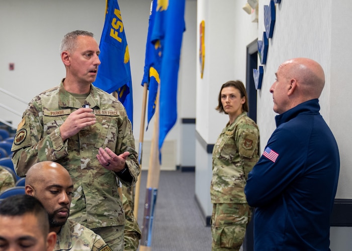 U.S. Air Force Master Sgt. Kristofer Parker, U.S. Air Force First Sergeant Academy student, speaks with Retired U.S. Air Force Maj. Gen. Edward Thomas, chief executive officer of the Air & Space Forces Aid Society, during Thomas’s visit to Gunter Annex, Alabama, Feb. 26, 2026. The Air & Space Forces Aid Society was founded in 1942 during World War II to provide emergency financial assistance to Airmen and their families, and today their mission continues. (U.S. Air Force photo by Staff Sgt. Evan Lichtenhan)