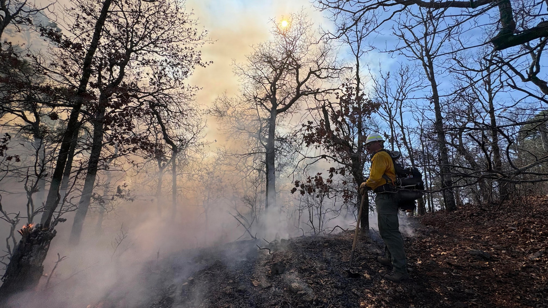 Oklahoma National Guard wildland firefighters conduct fire fighting operations near Talihina, Oklahoma, Feb. 26, 2026. Two eight-Guardsmen crews have been deployed to support the Oklahoma Department of Emergency Management, Oklahoma Department of Agriculture, Oklahoma Department of Public Safety and Oklahoma Forestry Services battle wild fires in the state. The Oklahoma National Guard Wildland Firefighting Program has more than 80 red-card certified Guardsmen trained to support federal, state and local agencies in combating fires. (photo provided by OKNG Wildland Firefighting Program)