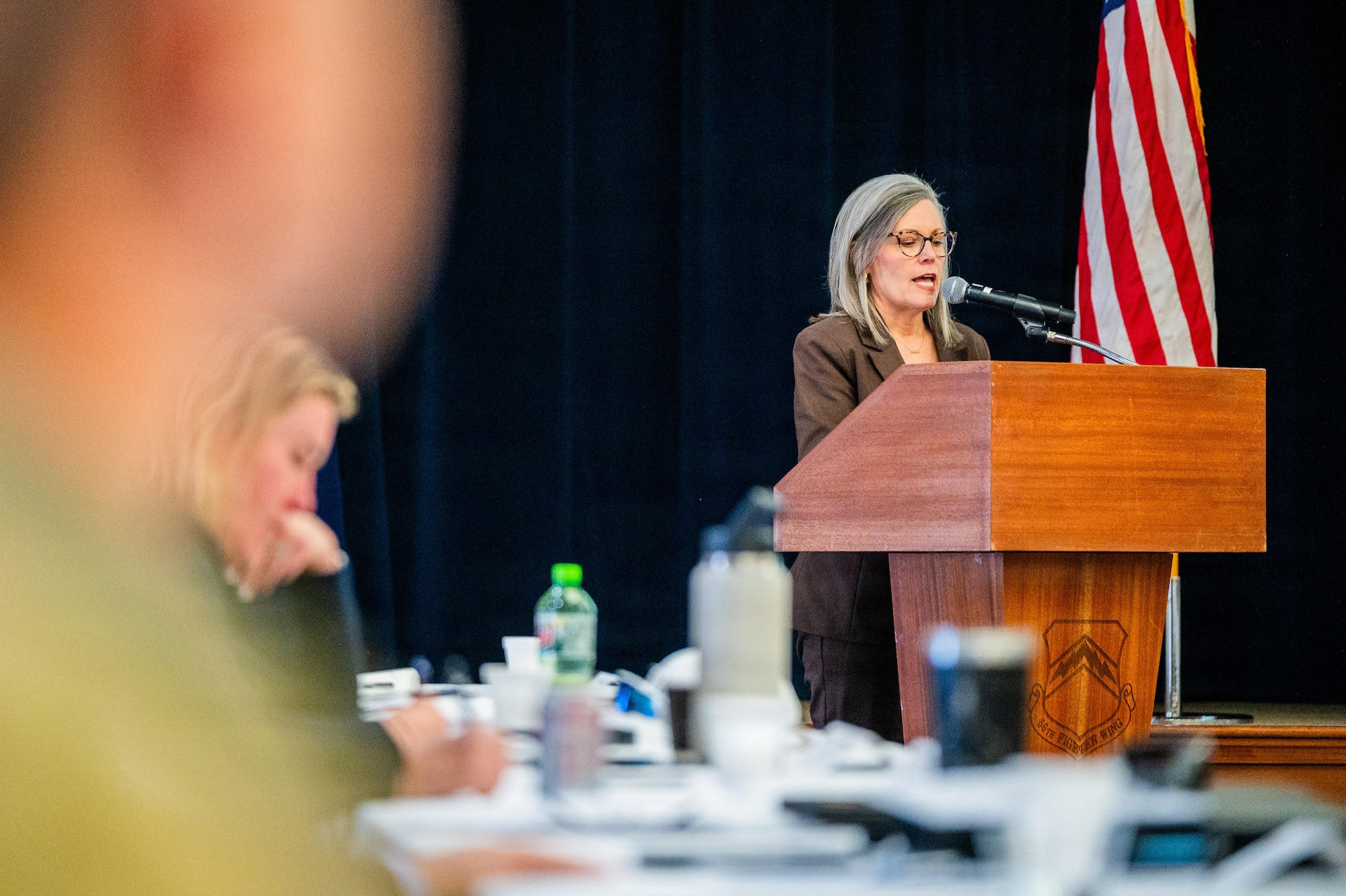 Arizona Governor Katie Hobbs gives an address during an annual Arizona Commanders Summit, March 6, 2026, at Luke Air Force Base, Arizona.
