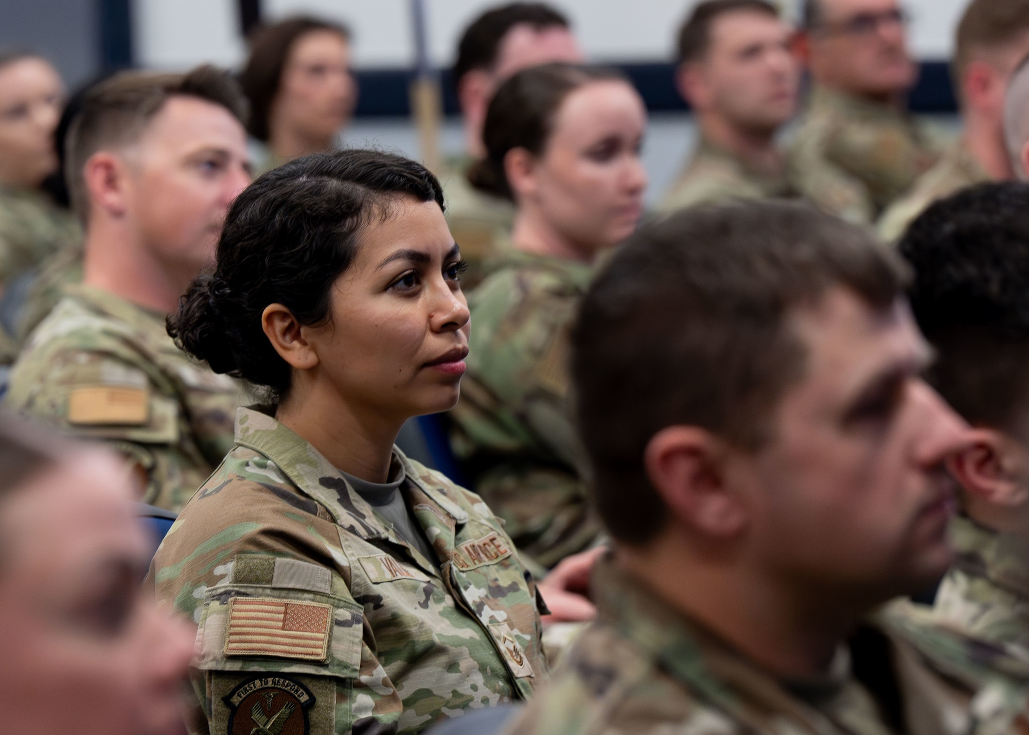 Airmen from the First Sergeant Academy listen to a presentation on the Air Force Wounded Warrior program at Gunter Annex, Alabama, March 3, 2026.