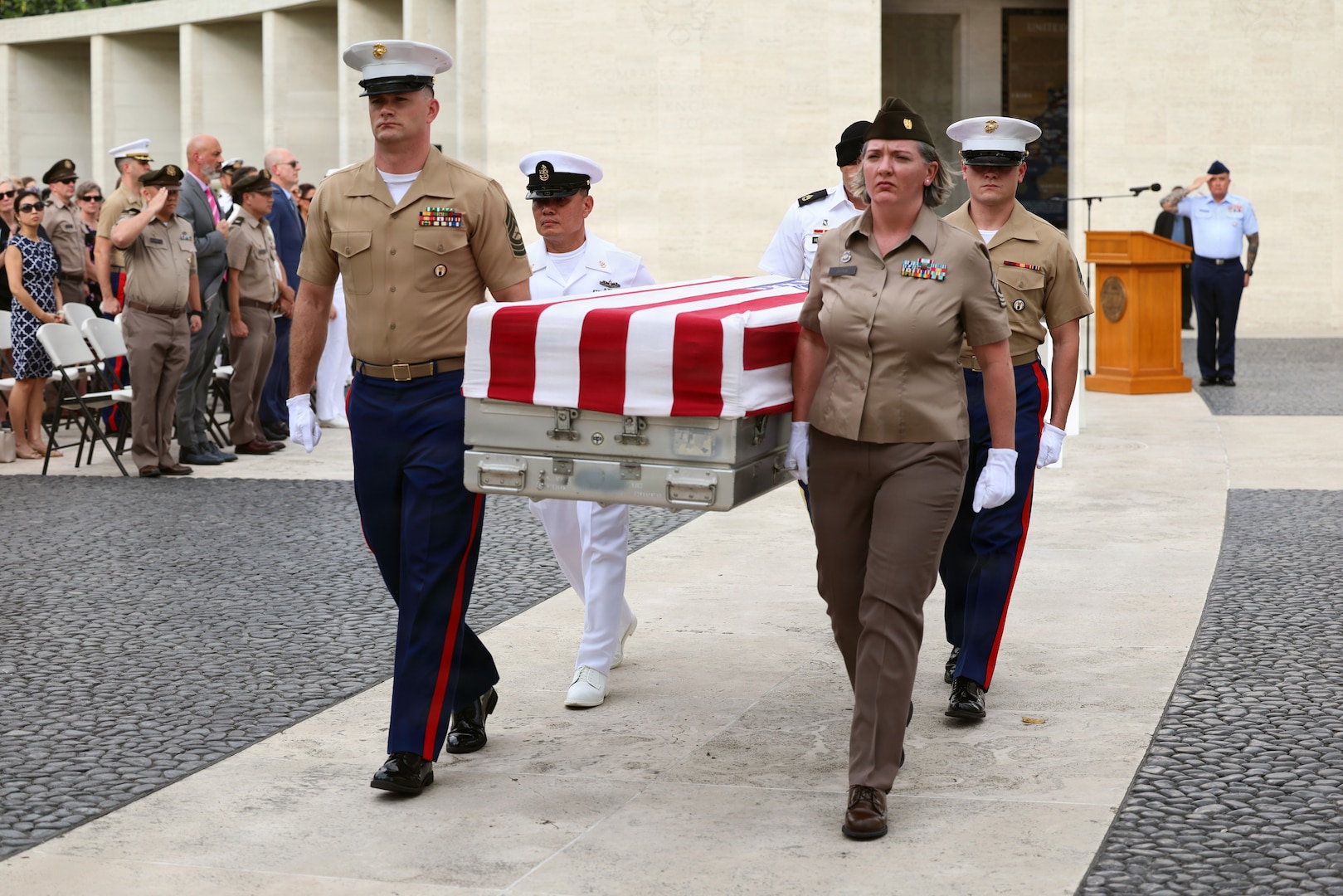 Members of the Defense POW/MIA Accounting Agency and the Joint U.S. Military Assistance Group Philippines depart the first-ever Repatriation Ceremony held at the Manila American Cemetery and Memorial in the Philippines with the remains of the 100th U.S. Unknown that DPAA disinterred during fiscal year 2026, March 6, 2026.