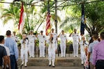 U.S. Navy Sailors stationed at Sembawang Naval Base present the colors as part of the color guard during Destroyer Squadron (DESRON) 7’s change-of-command ceremony at the Terror Club on Sembawang Naval Base, March 6, 2026.