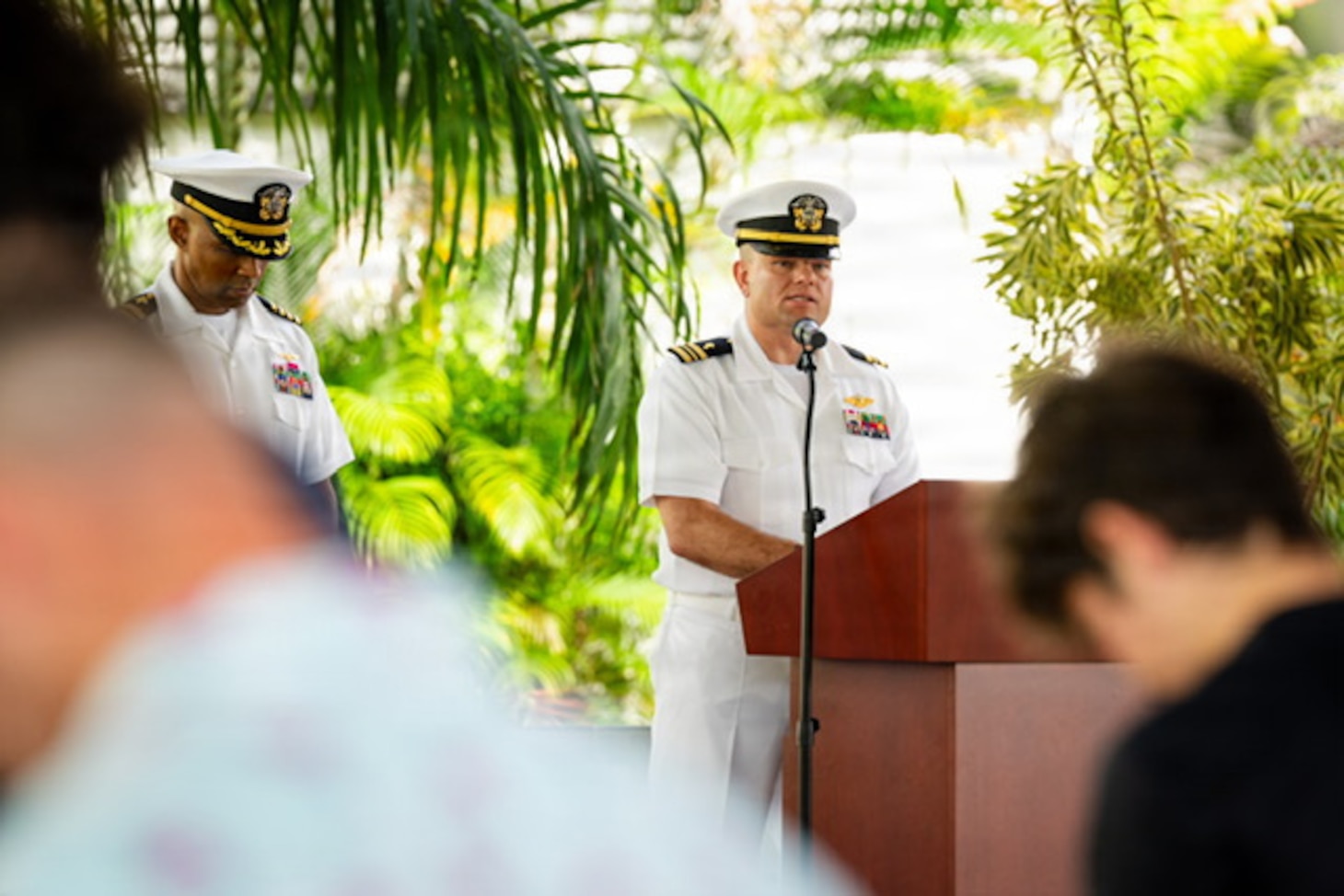 Lt. Cmdr. Chaplain Cole Yoos, command chaplain for Destroyer Squadron (DESRON) 7, delivers the benediction during DESRON 7’s change-of-command ceremony at the Terror Club, March 6, 2026, at Sembawang Naval Base, Singapore.