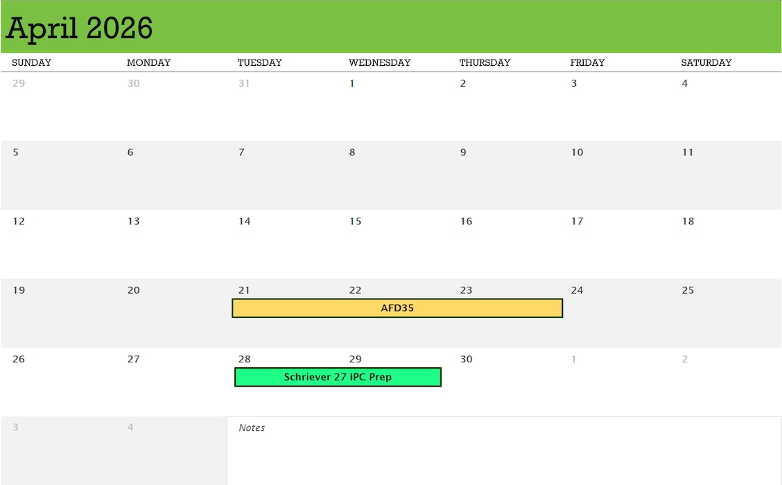 AFWI April 2026 Calendar