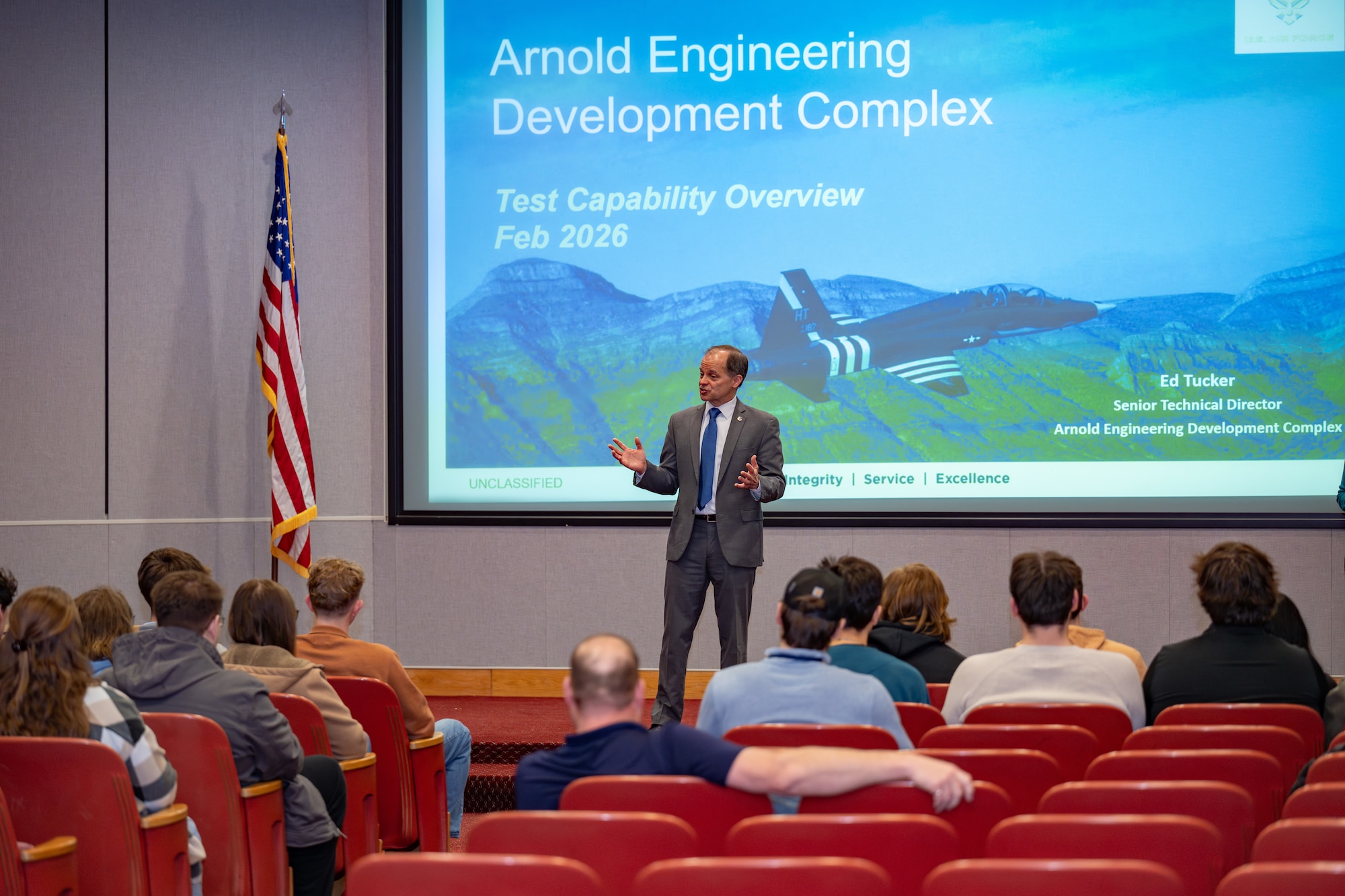 Ed Tucker, AEDC’s senior technical director, welcomes the participants of the 2026 Engineer-For-A-Day program at Arnold Air Force Base, Tenn., headquarters of Arnold Engineering Complex, Feb. 25, 2026. For the day, area high school students were able to tour facilities and job shadow AEDC engineers to further their understanding of the engineering field and learn more about the base and its facilities.  (U.S. Air Force Photo by Keith Thornburgh)