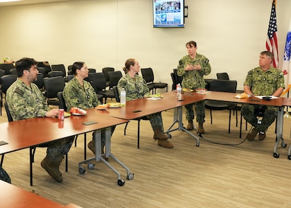 JOINT BASE SAN ANTONIO-FORT SAM HOUSTON – (March 4, 2026) – U.S. Navy Capt. Kris Hodapp, deputy Corps Chief, Medical Service Corps (MSC) gave a State of the MSC brief to MSC officers assigned to Naval Medical Research Unit (NAMRU) San Antonio at the Tri-Service Research Laboratory (TSRL). With an emphasis on Navy Medicine’s North Star and Lines of Effort, the briefing focused on career progression, community values, manpower, promotion trends, and maintaining accuracy of military records. Prior to the briefing, they met with NAMRU San Antonio leadership, toured the command’s research laboratories and conducted independent record reviews with each MSC officer. The MSC mission is to provide specialized healthcare, administrative, and scientific support to Naval forces, maximizing operational readiness and optimizing the "human weapon system". Comprised of professionals in clinical, scientific, and administrative fields, the MSC supports Navy Medicine’s mission to deliver manned, trained, and equipped medical units to the Fleet, Fleet Marine Force, and Joint Forces. NAMRU San Antonio, part of Navy Medicine Research & Development, conducts gap-driven combat casualty care, craniofacial, and directed energy research in support of Navy, Marine Corps and joint U.S. warfighter health readiness and lethality while engaged in routine and expeditionary operations. (Navy Photos by Burrell Parmer, NAMRU San Antonio Public Affairs/Released)