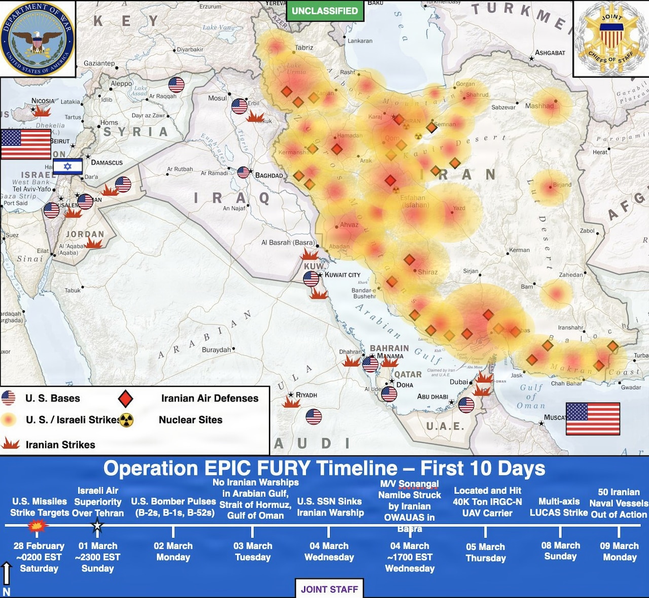 A map of the Middle East shows areas where the U.S. has conducted strikes on Iran.