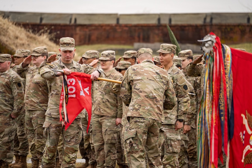 The 103rd Brigade Engineer Battalion, part of the 56th Stryker Brigade Combat Team, was inactivated during a ceremony March 6, 2026, in Philadelphia. The battalion is being inactivated as part of the 56th SBCT’s conversion to a mobile brigade combat team. (U.S. Army National Guard photo by Sgt. Tristan Murry)