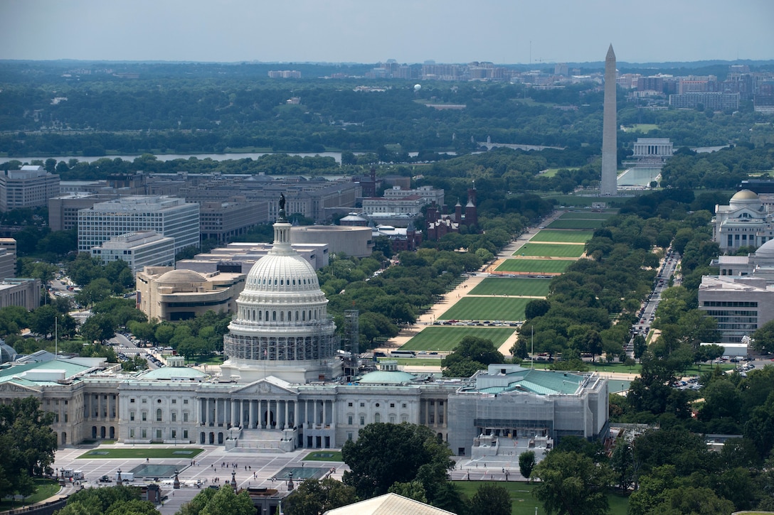 Aerial view from a 1st Helicopter Squadron UH-1N Huey helicopter of the Capitol building, Washington Monument and Lincoln Memorial on the National Mall in Washington, D.C., Aug. 3, 2016. The 1st HS conducts high-priority airlift missions in the National Capital Region and maintains the capability to provide defense support to civilian authorities in the event of a disaster. (U.S. Air Force photo by Airman 1st Class Philip Bryant)