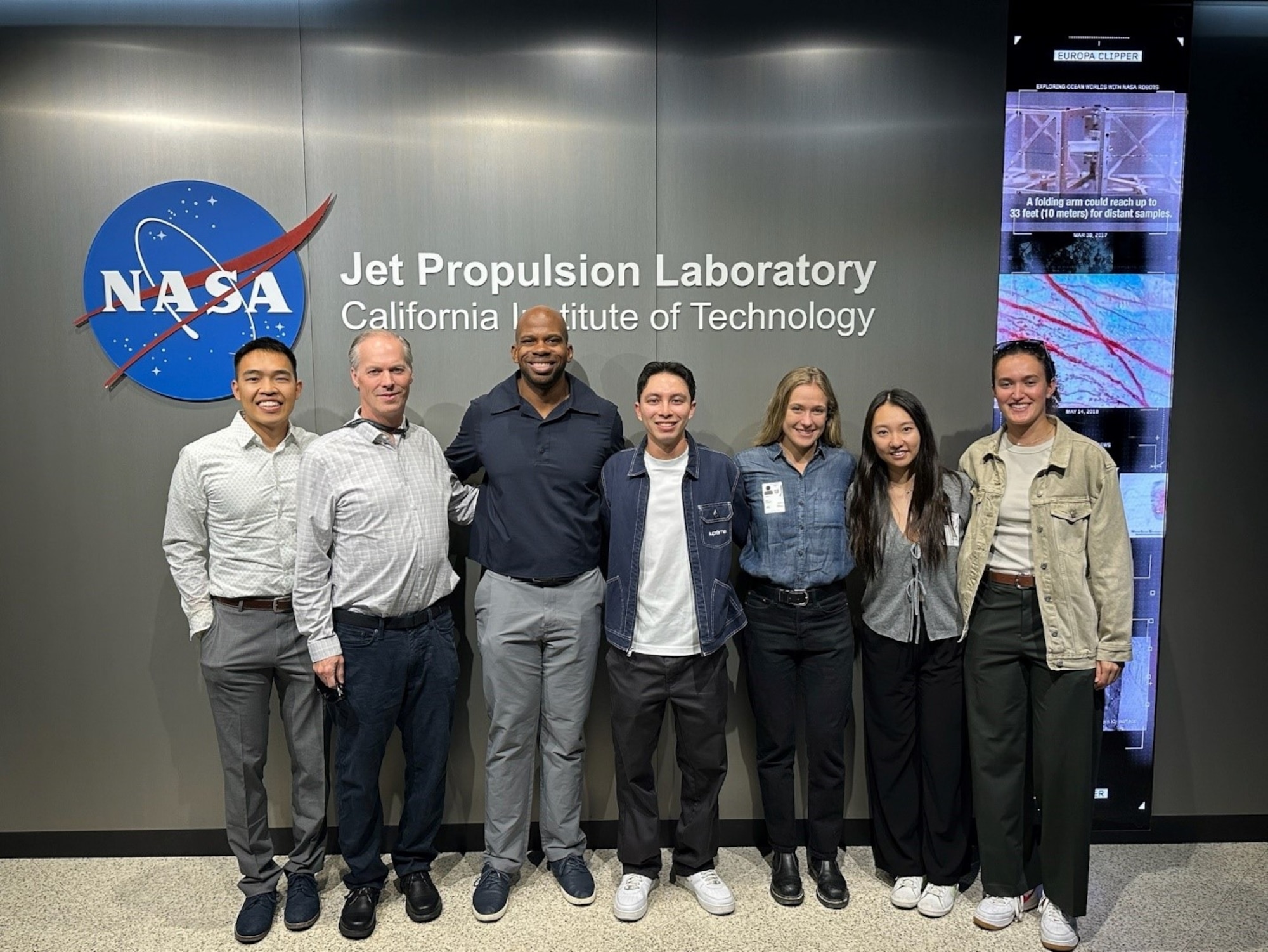 Galaxy cohort 13.5 fellows visited NASA JPL in Pasadena, California to tour the Deep Space Network and Rover Operations Center. Pictured (left to right) are 1st Lt. Kevin Chang, Kyle Miller, Capt. Gerald Hills, 1st Lt. Garrison Lagapa, 1st Lt. Emily Rowley, 1st Lt. Amy Kang, and 1st Lt. Julia Kuchins. The SSC Galaxy program leverages connections to provide their cohort fellows with experiences that they normally would not see in their assigned roles. (Courtesy photo from SSC Galaxy Program).