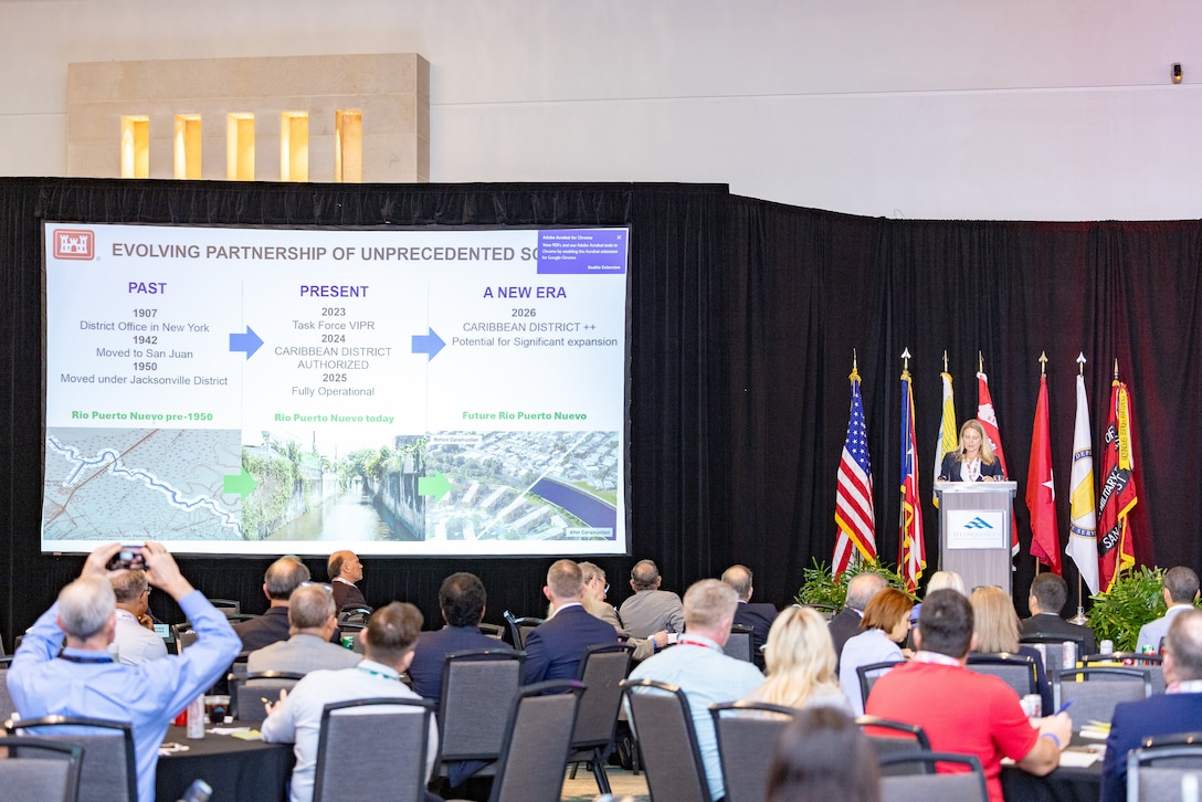 SAA Deputy for Programs and Project Management Jacqueline “Jackie” Keiser briefs SAME attendees on the Caribbean District’s program and project management priorities during the 2026 SAME San Juan Field Chapter Industry Day. Held March 3-5, 2026, in Fajardo, Puerto Rico, the event offered one of the most comprehensive looks yet at upcoming federal opportunities and the growing infrastructure mission across Puerto Rico, the USVI, and the region.