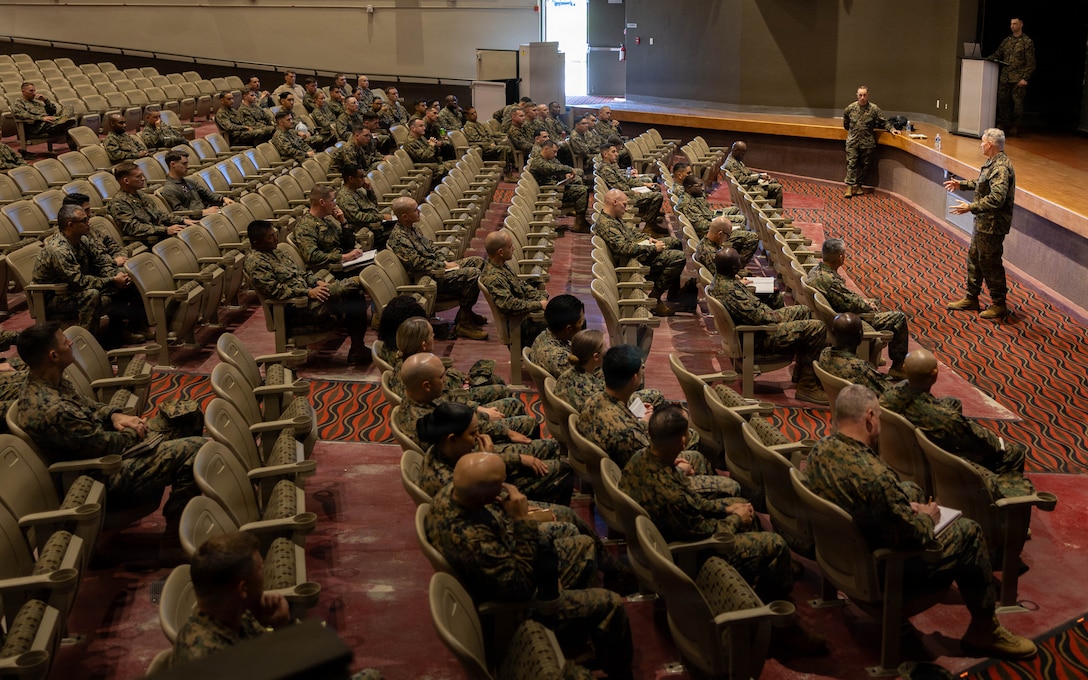 U.S. Marine Corps Lt. Gen. Bowers, deputy commandant of Manpower and Reserve Affairs, delivers remarks during the Manpower Roadshow at the Pendleton Theater and Training Center at Marine Corps Base Camp Pendleton, Calif., Feb. 25, 2026. The roadshow provided Marines with career counseling, assignment opportunities and guidance on professional development, while also addressing broader Manpower and Reserve Affairs initiatives, including updates to total force structure. (U.S. Marine Corps photo by Lance Cpl. Estrada)