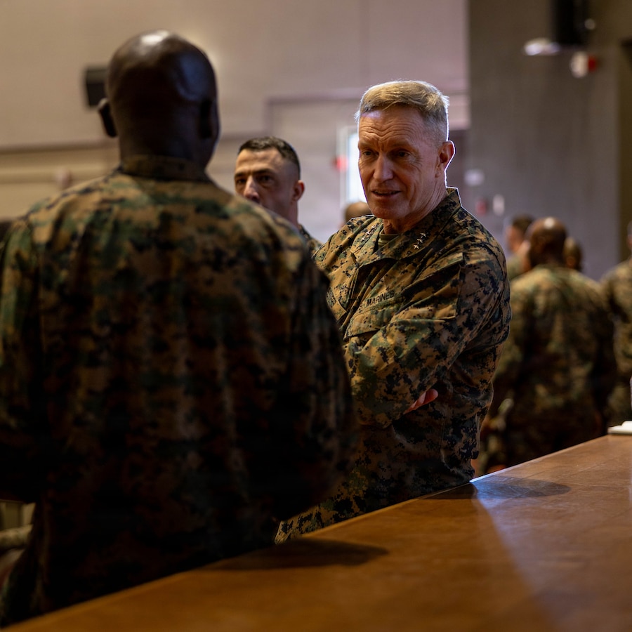 U.S. Marine Corps Lt. Gen. Bowers, deputy commandant of Manpower and Reserve Affairs, interacts with Marines during the Manpower Roadshow at the Pendleton Theater and Training Center at Marine Corps Base Camp Pendleton, Calif., Feb. 25, 2026. The roadshow provided Marines with career counseling, assignment opportunities and guidance on professional development, while also addressing broader Manpower and Reserve Affairs initiatives, including updates to total force structure. (U.S. Marine Corps photo by Lance Cpl. Estrada)