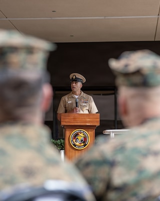 U.S. Navy Command Master Chief Petty Officer Adolfo Gonzalez, outgoing Navy Medicine Readiness and Training Command San Diego Command Master Chief, delivers remarks during a change of charge ceremony at Naval Medical Center San Diego, March 9. NMRTC San Diego supports Navy and Marine Corps readiness by ensuring its medical forces are ready to deploy and provide medical support, ashore or at sea. (U.S. Navy photo by Mass Communication Specialist Seaman Jason Afable)