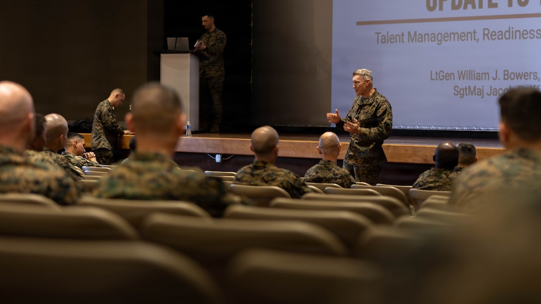 U.S. Marine Corps Lt. Gen. Bowers, deputy commandant of Manpower and Reserve Affairs, delivers remarks during the Manpower Roadshow at the Pendleton Theater and Training Center at Marine Corps Base Camp Pendleton, Calif., Feb. 25, 2026. The roadshow provided Marines with career counseling, assignment opportunities and guidance on professional development, while also addressing broader Manpower and Reserve Affairs initiatives, including updates to total force structure. (U.S. Marine Corps photo by Lance Cpl. Estrada)