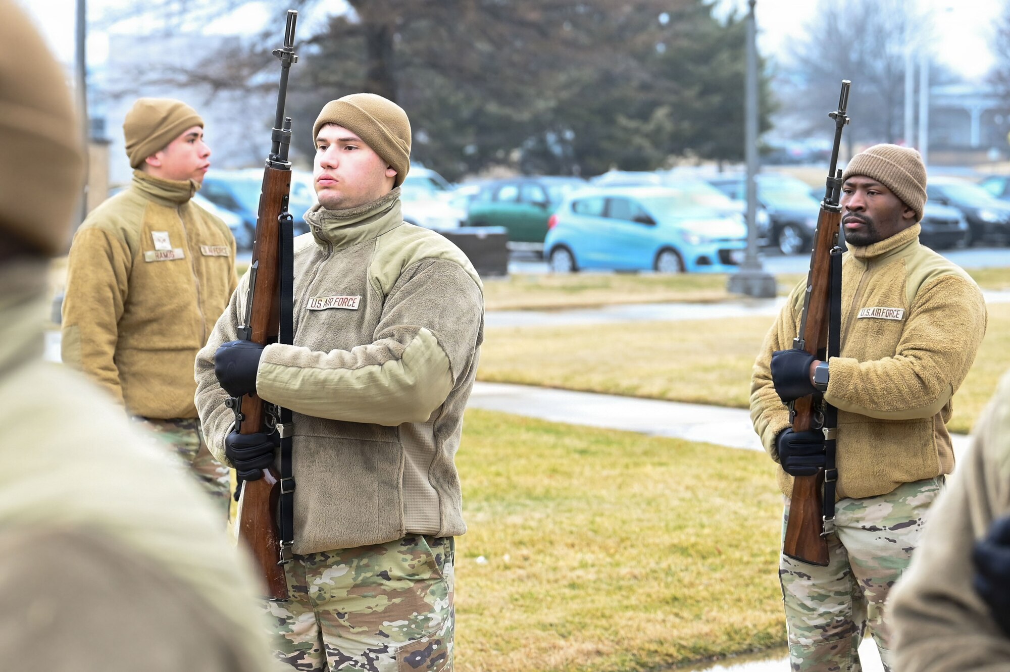 Airman 1st Class Allan Wier, left, and Airman 1st Class Ricky Newton, right, both ceremonial guardsmen with the U.S. Air Force Honor Guard Firing Party, conduct drill movements during training on Joint Base Anacostia-Bolling, Washington, D.C., March 3, 2026. The Firing Party trained on supporting memorial operations, which consisted of funeral honors, cordon, intermediate drill and parades. (U.S. Air Force photo by Airman 1st Class Brandon Thomas)