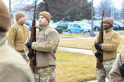 Airman 1st Class Allan Wier, left, and Airman 1st Class Ricky Newton, right, both ceremonial guardsmen with the U.S. Air Force Honor Guard Firing Party, conduct drill movements during training on Joint Base Anacostia-Bolling, Washington, D.C., March 3, 2026. The Firing Party trained on supporting memorial operations, which consisted of funeral honors, cordon, intermediate drill and parades. (U.S. Air Force photo by Airman 1st Class Brandon Thomas)
