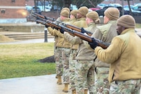 U.S. Air Force Honor Guard Firing Party members fire a three-round volley during training on Joint Base Anacostia-Bolling, Washington, D.C., March 3, 2026. Historically, three volleys of rifle fire indicated that casualties had been cared for in a combat environment and that the fighting could resume. These volleys became an official military custom that survives to this day. (U.S. Air Force photo by Airman 1st Class Brandon Thomas)