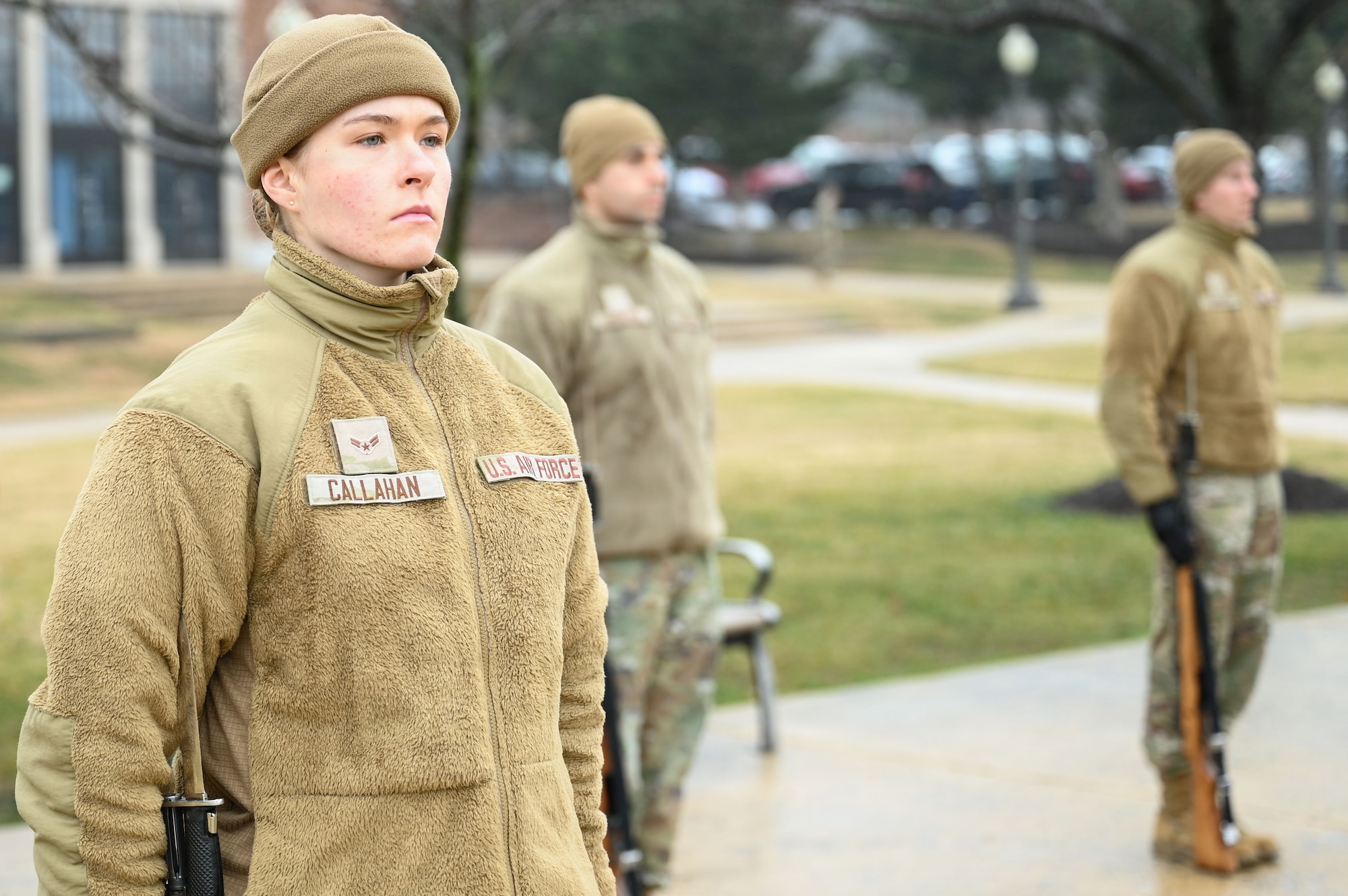 Airman 1st Class Micah Callahan, a ceremonial guardsman with the U.S. Air Force Honor Guard Firing Party, stands at the position of attention during training on Joint Base Anacostia-Bolling, Washington, D.C., March 3, 2026. While assigned to the Honor Guard, Airmen in the Firing Party maintain a rigorous training schedule of two to six hours each day and support memorial operations at Arlington National Ceremony. (U.S. Air Force photo by Airman 1st Class Brandon Thomas)
